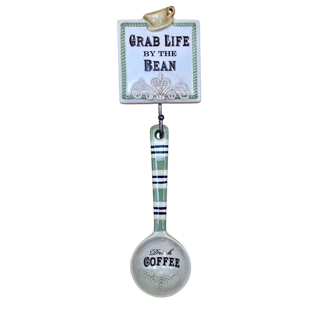 Ceramic Coffee Scoop and Wall‎ Hook Set Grab Life By The Bean Sage Green Cream